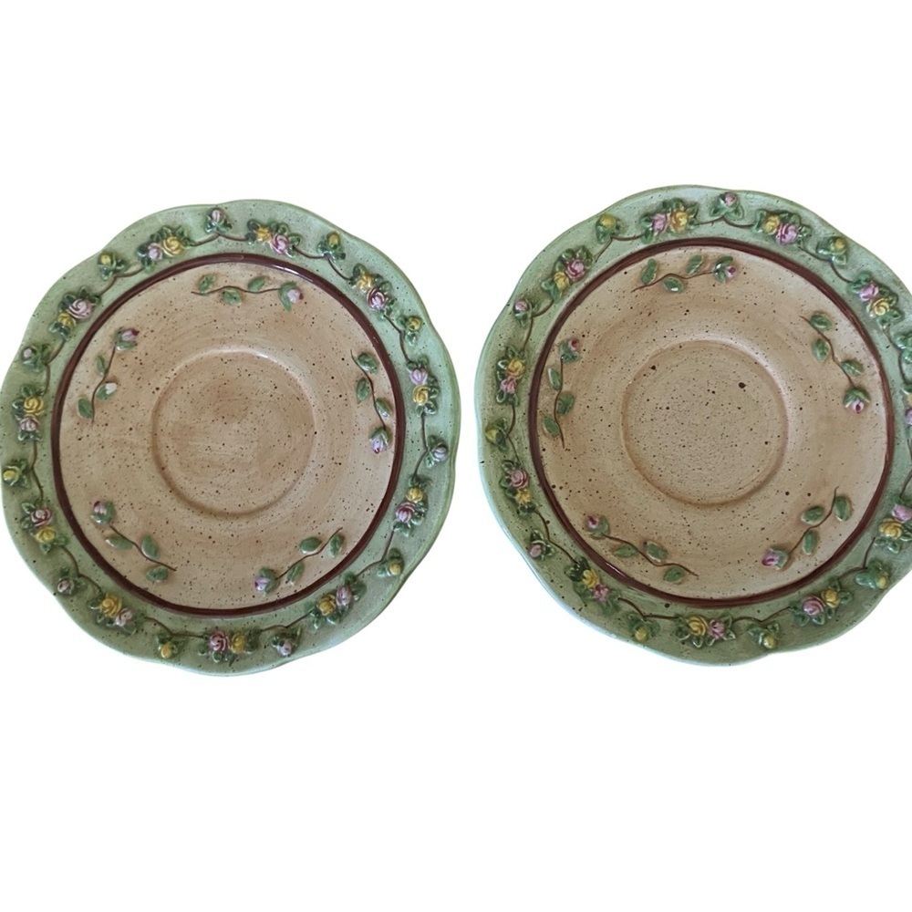 2 Vintage Bonnie Griffin Rosa Bella Floral Green Tan Tea Plates Cottagecore 6”